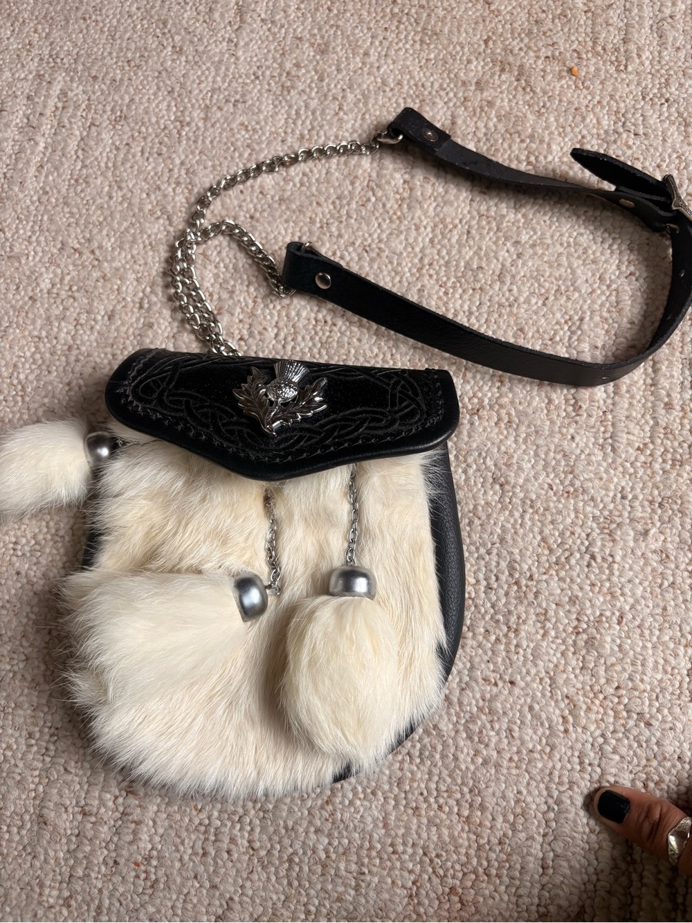 Black and Cream Fur Crossbody Bag with Decorative Metal Accent